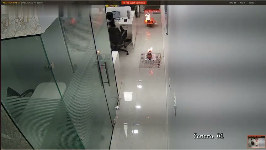AI system flagging a fire event in actual camera footage